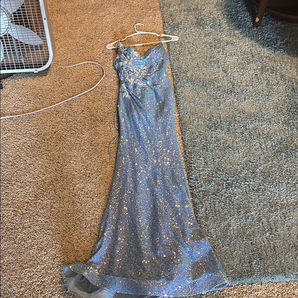 Jovani blue sequence prom dress with flowers on the top